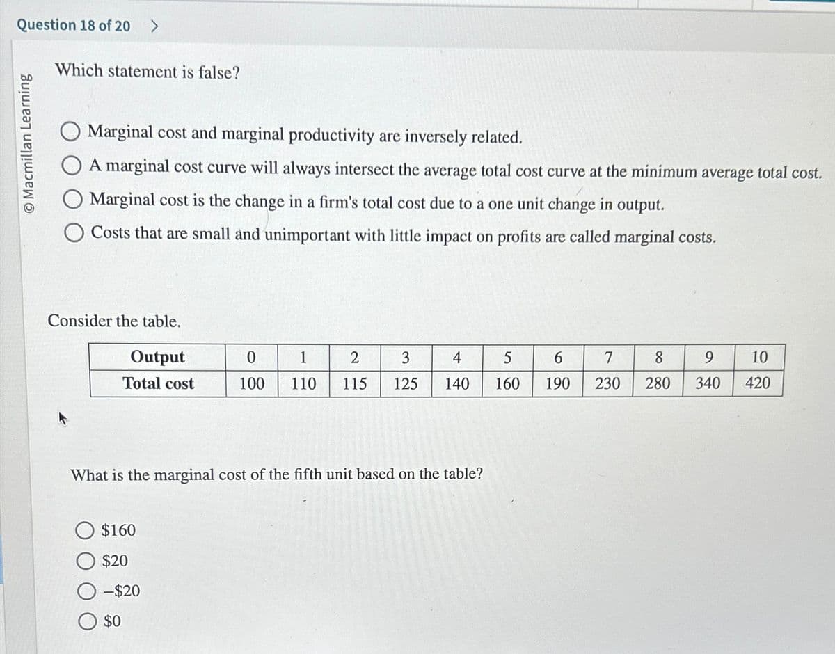 Question 18 of 20 >
Which statement is false?
Macmillan Learning
Marginal cost and marginal productivity are inversely related.
A marginal cost curve will always intersect the average total cost curve at the minimum average total cost.
Marginal cost is the change in a firm's total cost due to a one unit change in output.
Costs that are small and unimportant with little impact on profits are called marginal costs.
Consider the table.
Output
0
1
2
3
4
5
6
7
8
9
10
Total cost
100
110
115
125
140
160
190
230 280 340
420
What is the marginal cost of the fifth unit based on the table?
$160
$20
-$20
$0