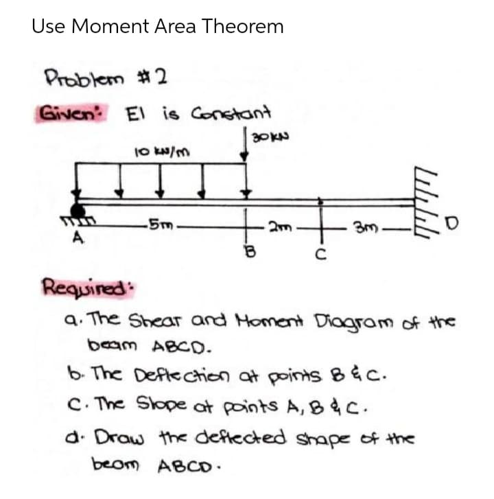Use Moment Area Theorem
Problem #2
Given El is Constant
10 N/m
-5m
A
Required:
a. The Shear and Homent Diagram of the
beam ABCD.
b The Deflection at points B&C.
C. The Slope at points A, 84C.
d. Draw the deftected shape of the
beom ABCO.
