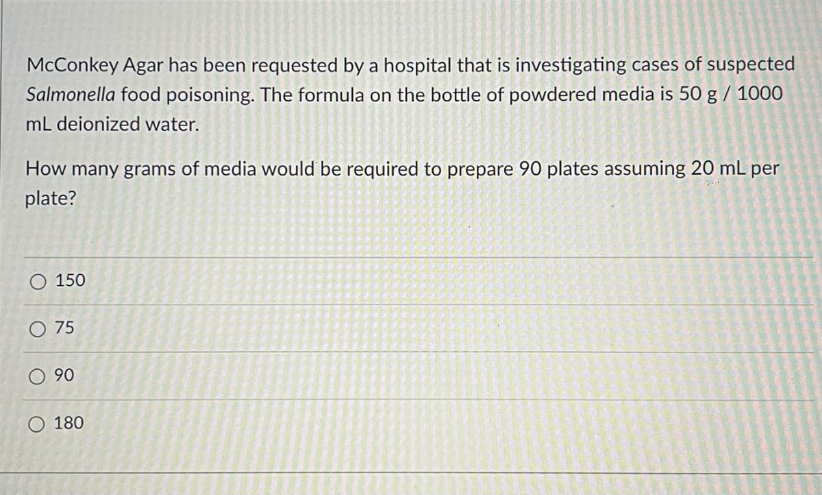 McConkey Agar has been requested by a hospital that is investigating cases of suspected
Salmonella food poisoning. The formula on the bottle of powdered media is 50 g / 1000
mL deionized water.
How many grams of media would be required to prepare 90 plates assuming 20 mL per
plate?
O 150
O 75
90
O 180