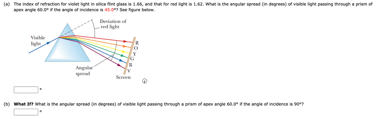 (a) The index of refraction for violet light in silica flint glass is 1.66, and that for red light is 1.62. What is the angular spread (in degrees) of visible light passing through a prism of
apex angle 60.0° if the angle of incidence is 45.0°? See figure below.
Visible
light
O
Angular
spread
O
Deviation of
red light
B
V
Screen
(b) What If? What is the angular spread (in degrees) of visible light passing through a prism of apex angle 60.0° if the angle of incidence is 90°?