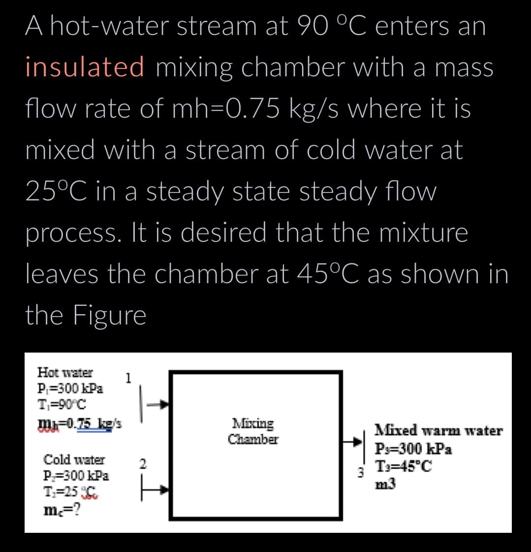 A hot-water stream at 90 °C enters an
insulated mixing chamber with a mass
flow rate of mh=0.75 kg/s where it is
mixed with a stream of cold water at
25°℃ in a steady state steady flow
process. It is desired that the mixture
leaves the chamber at 45°C as shown in
the Figure
Hot water
P₁=300 kPa
T₁=90°C
-0.75 kg/s
Cold water
P-300 kPa
T₁=25%
m=?
1
2
Mixing
Chamber
3
Mixed warm water
P-300 kPa
T=45°C
m3