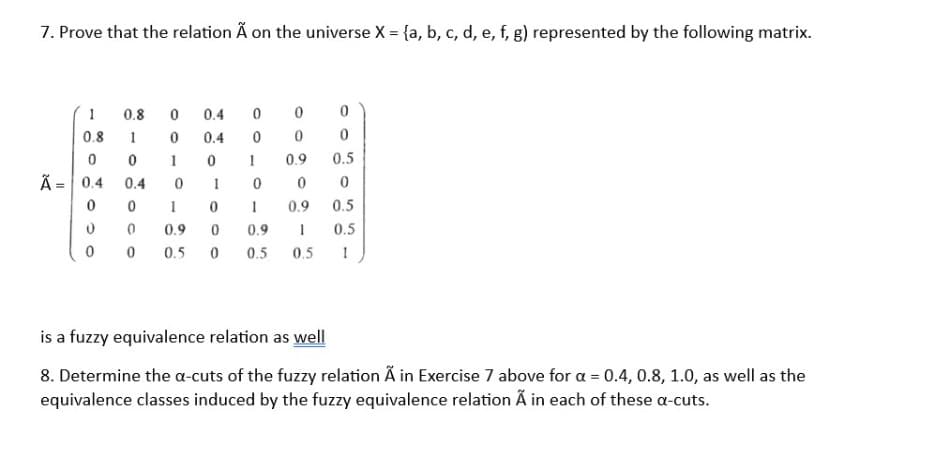 7. Prove that the relation Ã on the universe X = {a, b, c, d, e, f, g) represented by the following matrix.
Ã =
2A
1
0.8
0
0.4
0
0
0
0.8 0
1
0
0
1
0.4
0
0
0
0
0.4
0.4
0
1
1
0.9
0
0.5 0
0
0
0
0
0
0.9
0.5
0
0
1
0.9 0.5
0.9
1 0.5
0.5 0.5 1
0
0
1
0
is a fuzzy equivalence relation as well
8. Determine the a-cuts of the fuzzy relation Ã in Exercise 7 above for a = 0.4, 0.8, 1.0, as well as the
equivalence classes induced by the fuzzy equivalence relation Ã in each of these a-cuts.
