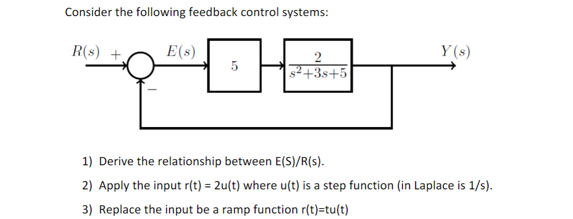Consider the following feedback control systems:
DE
5
R(s) +
E(s)
2
s²+3s+5
Y(s)
1) Derive the relationship between E(S)/R(s).
2) Apply the input r(t) = 2u(t) where u(t) is a step function (in Laplace is 1/s).
3) Replace the input be a ramp function r(t)=tu(t)
