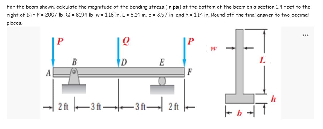 For the beam shown, calculate the magnitude of the bending stress (in psi) at the bottom of the beam on a section 1.4 feet to the
right of B if P = 2007 lb, Q = 8194 lb, w = 1.18 in, L = 8.14 in, b = 3.97 in, and h = 1.14 in. Round off the final answer to two decimal
places.
...
P
Q
P
W
L
E
3 ft 2 ft
B
2ft 3ft-
-3
D
къ