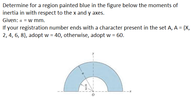 Determine for a region painted blue in the figure below the moments of
inertia in with respect to the x and y axes.
Given: a = w mm.
If your registration number ends with a character present in the set A, A = {X,
2, 4, 6, 8}, adopt w = 40, otherwise, adopt w = 60.
