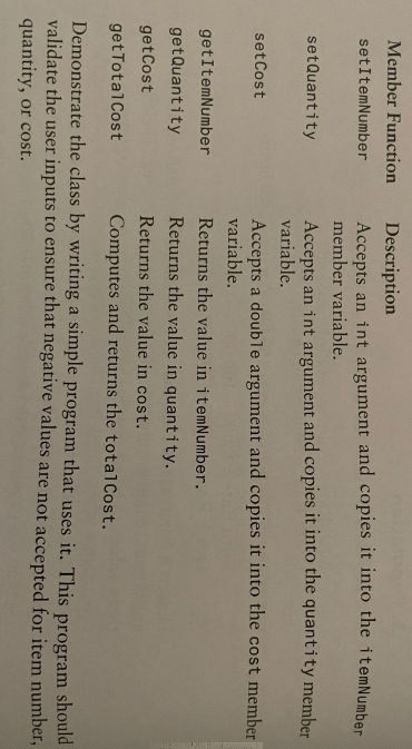 Member Function
setItemNumber
setQuantity
set Cost
getItemNumber
getQuantity
get Cost
getTotal Cost
Description
Accepts an int argument and copies it into the itemNumber
member variable.
Accepts an int argument and copies it into the quantity member
variable.
Accepts a double argument and copies it into the cost member
variable.
Returns the value in itemNumber.
Returns the value in quantity.
Returns the value in cost.
Computes and returns the total Cost.
Demonstrate the class by writing a simple program that uses it. This
validate the user inputs to ensure that negative values are not accepted for item number,
quantity, or cost.
should
program