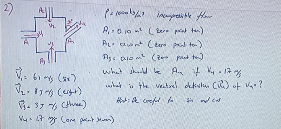 pajo0ob/ incergeible How
Vz
A,: 0. 10 n? ( Zero point ten)
Azs 01omt Czero paint ten)
Az- o10 m² (zero pant tan)
what shoold be Au if Vy o 17 my
what is the vectorel definition Cu) of Va?
V: 61 ms (x)
Hint: De coreful to
sin nd cos
V3- 35 mys Cthree)
Vus 17 my Lone point Jeven)
2)
