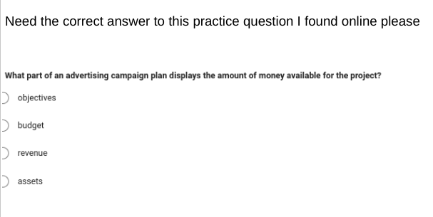 Need the correct answer to this practice question I found online please
What part of an advertising campaign plan displays the amount of money available for the project?
objectives
budget
revenue
assets