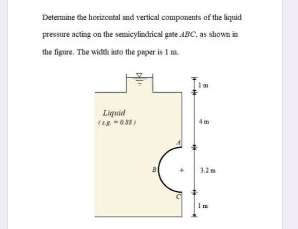 Determine the horizontal and vertical components of the liquid
pressure acting on the semicylindrical gate ABC, as shown in
the figure. The width into the paper is 1 m.
Liquid
(s.g. = 0.88)
4 m
B
3.2 m
1 m
