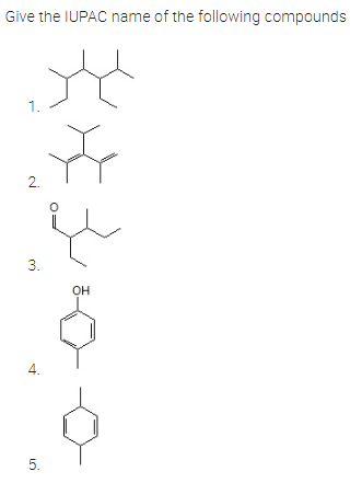 Give the IUPAC name of the following compounds
1.
2.
3.
4.
5.
OH