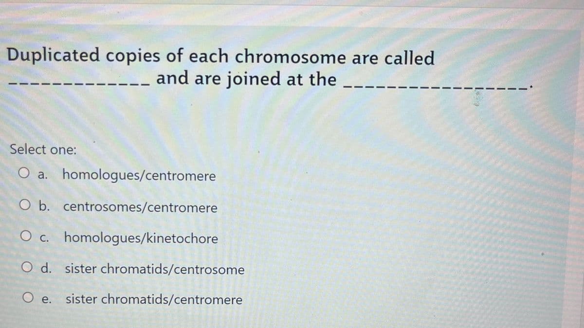 Duplicated copies of each chromosome are called
__and are joined at the
Select one:
O a. homologues/centromere
O b. centrosomes/centromere
O c. homologues/kinetochore
O d. sister chromatids/centrosome
O e.
sister chromatids/centromere