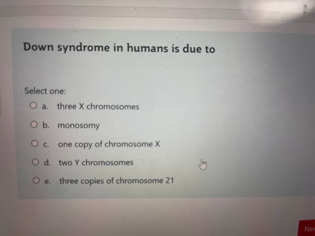 Down syndrome in humans is due to
Select one:
O a. three X chromosomes
O b. monosomy
Oc.
one copy of chromosome X
O d.
two Y chromosomes
O e. three copies of chromosome 21
Jay
Nex