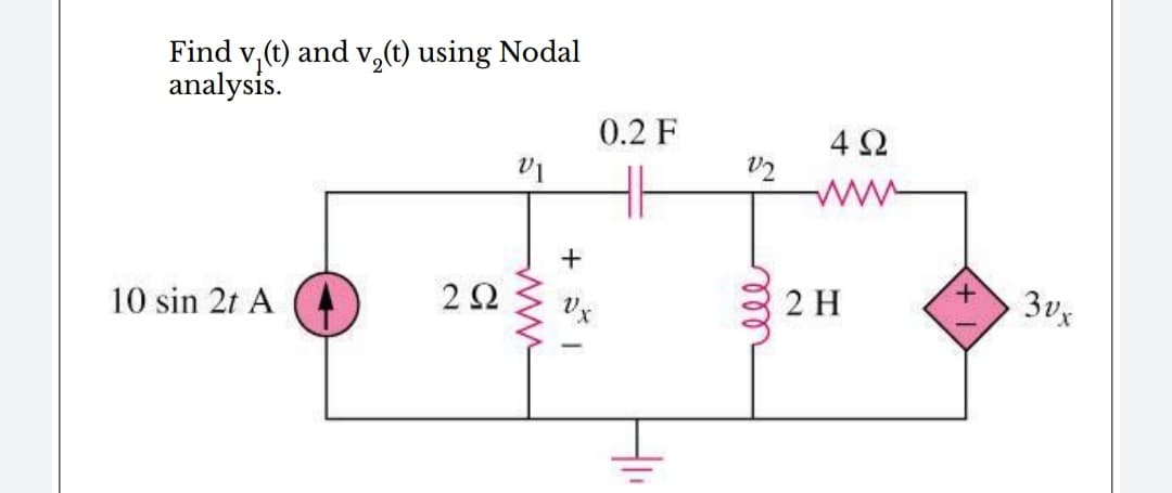 Find v,(t) and v,(t) using Nodal
analysis.
0.2 F
4Ω
ww
+
10 sin 2t A
2Ω
2 H
3vx
ll
ww
