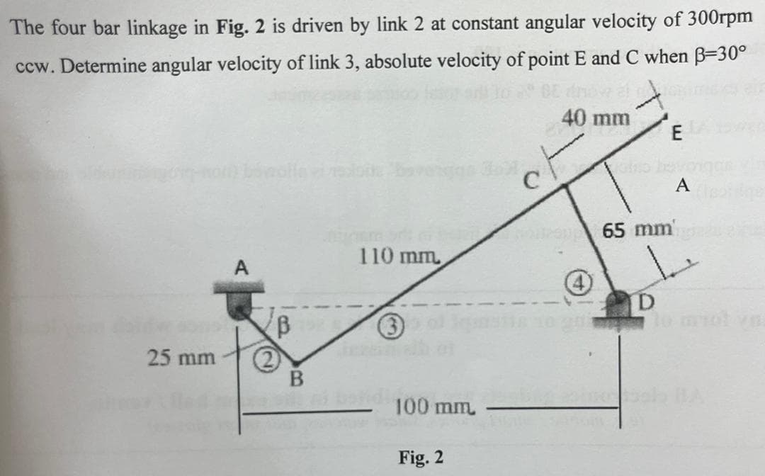 The four bar linkage in Fig. 2 is driven by link 2 at constant angular velocity of 300rpm
ccw. Determine angular velocity of link 3, absolute velocity of point E and C when B=30°
25 mm
A
B
B
110 mm.
100 mm.
Fig. 2
40 mm
65 mm
D
E
A