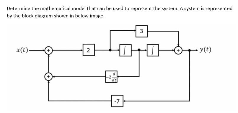 Determine the mathematical model that can be used to represent the system. A system is represented
by the block diagram shown in below image.
x(t)
2
-2
dt
3
다 다
-7
・y(t)