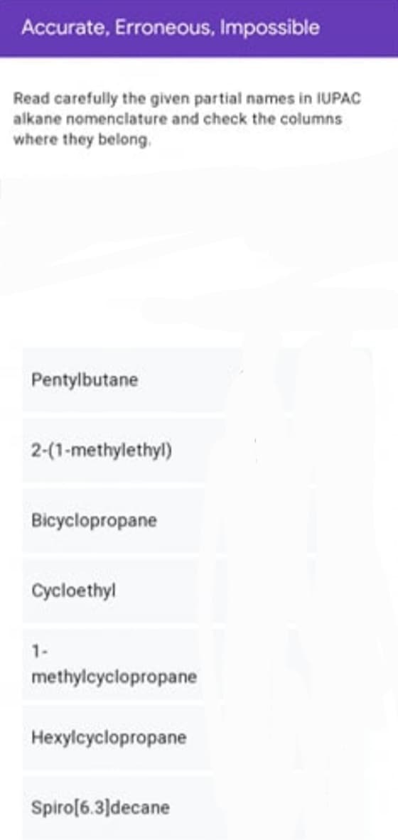 Accurate, Erroneous, Impossible
Read carefully the given partial names in IUPAC
alkane nomenclature and check the columns
where they belong.
Pentylbutane
2-(1-methylethyl)
Bicyclopropane
Cycloethyl
1-
methylcyclopropane
Hexylcyclopropane
Spiro[6.3]decane
