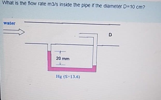 What is the flow rate m3/s inside the pipe if the diameter D=10 cm?
water
D
20 mm
Hg (S-13.6)
