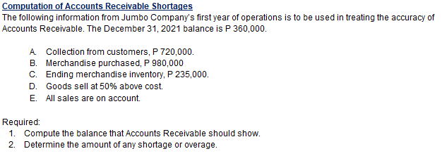Computation of Accounts Receivable Shortages
The following information from Jumbo Company's first year of operations is to be used in treating the accuracy of
Accounts Receivable. The December 31, 2021 balance is P 360,000.
A. Collection from customers, P 720,000.
B. Merchandise purchased, P 980,000
C. Ending merchandise inventory, P 235,000.
D. Goods sell at 50% above cost.
E. All sales are on account.
Required:
1. Compute the balance that Accounts Receivable should show.
2. Determine the amount of any shortage or overage.
