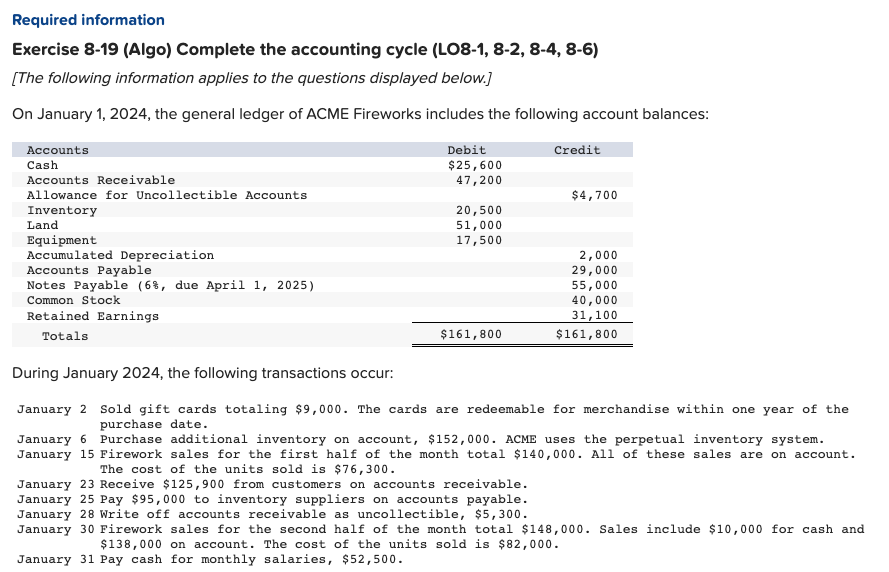Required information
Exercise 8-19 (Algo) Complete the accounting cycle (LO8-1,8-2, 8-4, 8-6)
[The following information applies to the questions displayed below.]
On January 1, 2024, the general ledger of ACME Fireworks includes the following account balances:
Accounts
Cash
Accounts Receivable
Allowance for Uncollectible Accounts
Inventory
Land
Equipment
Accumulated Depreciation
Accounts Payable
Notes Payable (6%, due April 1, 2025)
Common Stock
Retained Earnings
Totals
Debit
$25,600
47,200
20,500
51,000
17,500
$161,800
Credit
$4,700
2,000
29,000
55,000
40,000
31,100
$161,800
During January 2024, the following transactions occur:
January 2 Sold gift cards totaling $9,000. The cards are redeemable for merchandise within one year of the
purchase date.
January 6 Purchase additional inventory on account, $152,000. ACME uses the perpetual inventory system.
January 15 Firework sales for the first half of the month total $140,000. All of these sales are on account.
The cost of the units sold is $76,300.
January 23 Receive $125,900 from customers on accounts receivable.
January 25 Pay $95,000 to inventory suppliers on accounts payable.
January 28 Write off accounts receivable as uncollectible, $5,300.
January 30 Firework sales for the second half of the month total $148,000. Sales include $10,000 for cash and
$138,000 on account. The cost of the units sold is $82,000.
January 31 Pay cash for monthly salaries, $52,500.