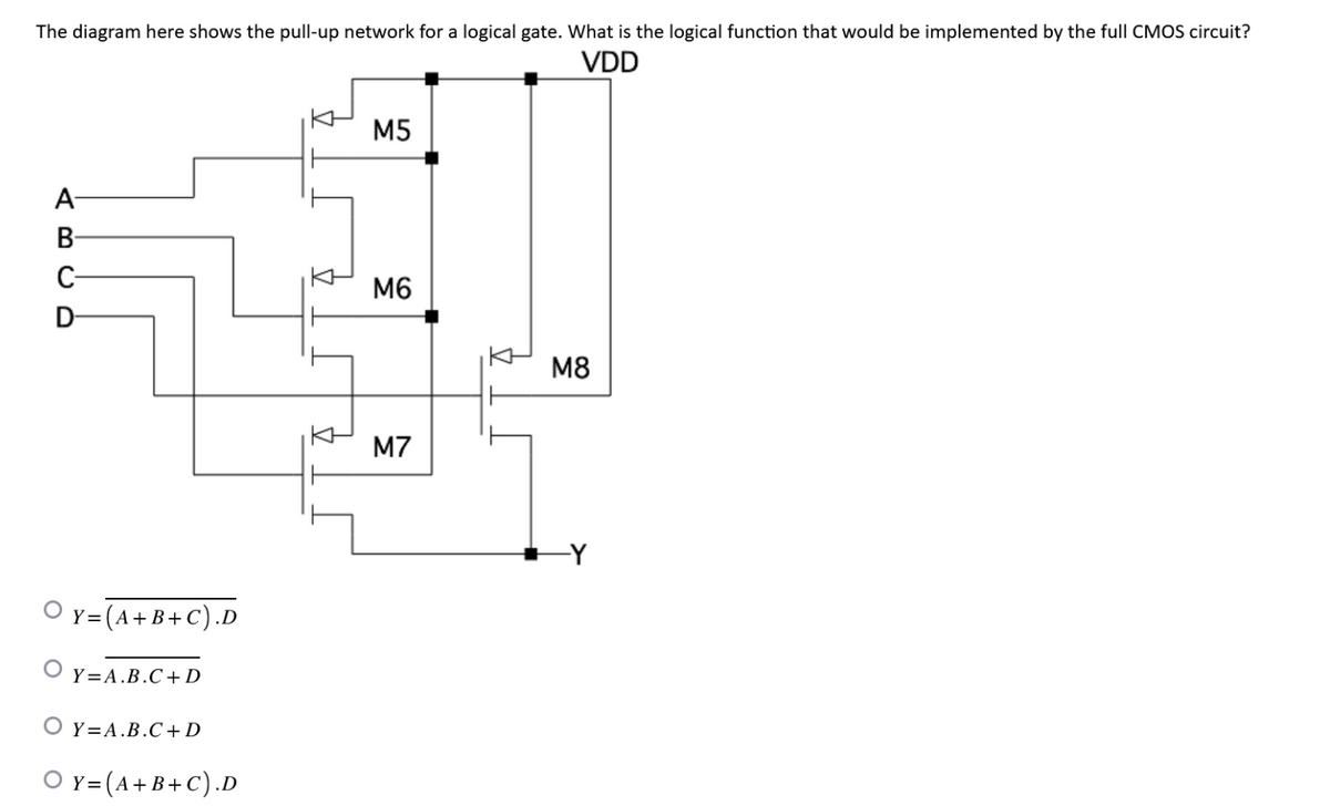 The diagram here shows the pull-up network for a logical gate. What is the logical function that would be implemented by the full CMOS circuit?
VDD
A-
B-
C-
OY=(A+B+C).D
OY=A.B.C+D
OY=A.B.C+D
O Y= (A+B+C).D
M5
M6
M7
M8