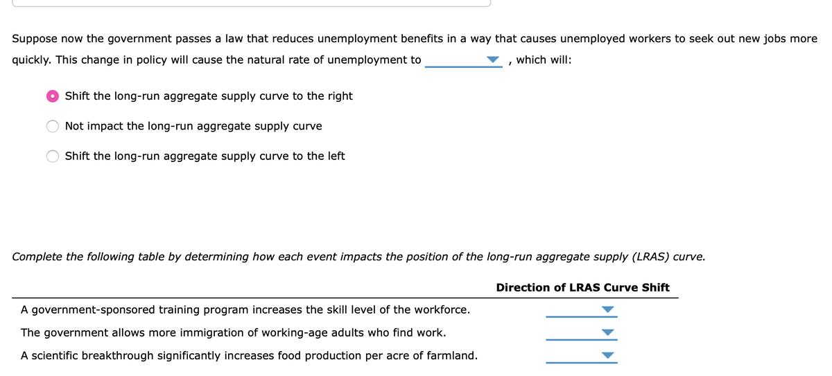 Suppose now the government passes a law that reduces unemployment benefits in a way that causes unemployed workers to seek out new jobs more
quickly. This change in policy will cause the natural rate of unemployment to
which will:
Shift the long-run aggregate supply curve to the right
Not impact the long-run aggregate supply curve
Shift the long-run aggregate supply curve to the left
Complete the following table by determining how each event impacts the position of the long-run aggregate supply (LRAS) curve.
A government-sponsored training program increases the skill level of the workforce.
The government allows more immigration of working-age adults who find work.
A scientific breakthrough significantly increases food production per acre of farmland.
Direction of LRAS Curve Shift