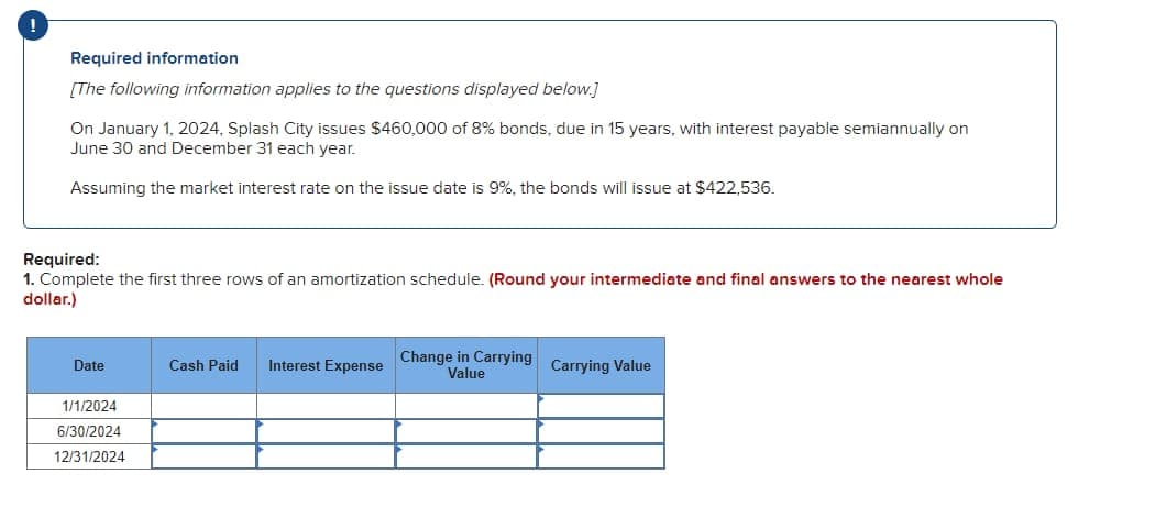 !
Required information
[The following information applies to the questions displayed below.]
On January 1, 2024, Splash City issues $460,000 of 8% bonds, due in 15 years, with interest payable semiannually on
June 30 and December 31 each year.
Assuming the market interest rate on the issue date is 9%, the bonds will issue at $422,536.
Required:
1. Complete the first three rows of an amortization schedule. (Round your intermediate and final answers to the nearest whole
dollar.)
Date
Cash Paid Interest Expense
Change in Carrying
Value
Carrying Value
1/1/2024
6/30/2024
12/31/2024