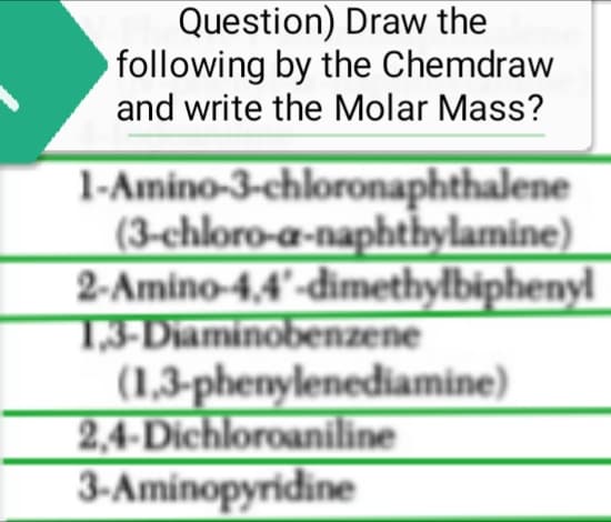 Question) Draw the
following by the Chemdraw
and write the Molar Mass?
1-Amino-3-chloronaphthalene
(3-chloro-a-naphthylamine)
2-Amino-4,4-dimethylbiphenyl
1,3-Diaminobenzene
(1,3-phenylenediamine)
2,4-Dichloroaniline
3-Aminopyridine