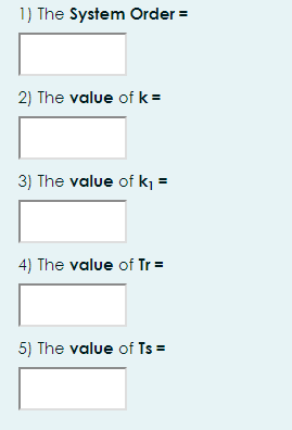 1) The System Order =
2) The value of k =
3) The value of k1 =
4) The value of Tr =
5) The value of Ts =
