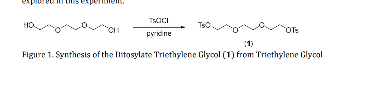 explor In this experim
НО.
OH
TSOCI
pyridine
TSO
OTS
(1)
Figure 1. Synthesis of the Ditosylate Triethylene Glycol (1) from Triethylene Glycol
