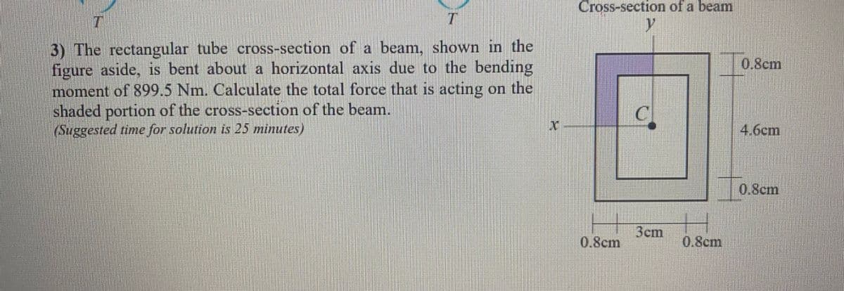 Cross-section of a beam
3) The rectangular tube cross-section of a beam, shown in the
figure aside, is bent about a horizontal axis due to the bending
moment of 899.5 Nm. Calculate the total force that is acting on the
shaded portion of the cross-section of the beam.
(Suggested time for solution is 25 minutes)
0.8cm
C
4.6cm
0.8cm
3cm
0.8cm
0.8cm
