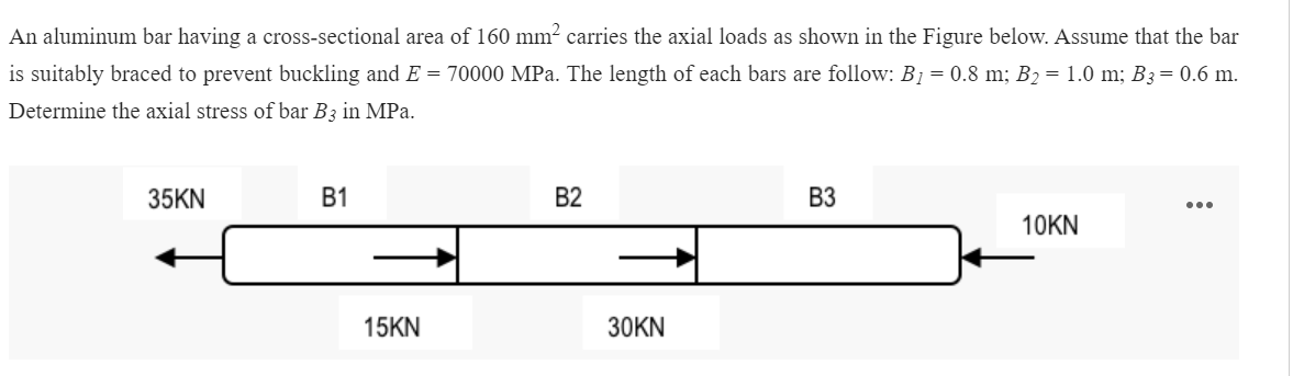 An aluminum bar having a cross-sectional area of 160 mm? carries the axial loads as shown in the Figure below. Assume that the bar
is suitably braced to prevent buckling and E = 70000 MPa. The length of each bars are follow: B1= 0.8 m; B2= 1.0 m; B3= 0.6 m.
Determine the axial stress of bar B3 in MPa.
35KN
В1
B2
ВЗ
10KN
15KN
30KN
