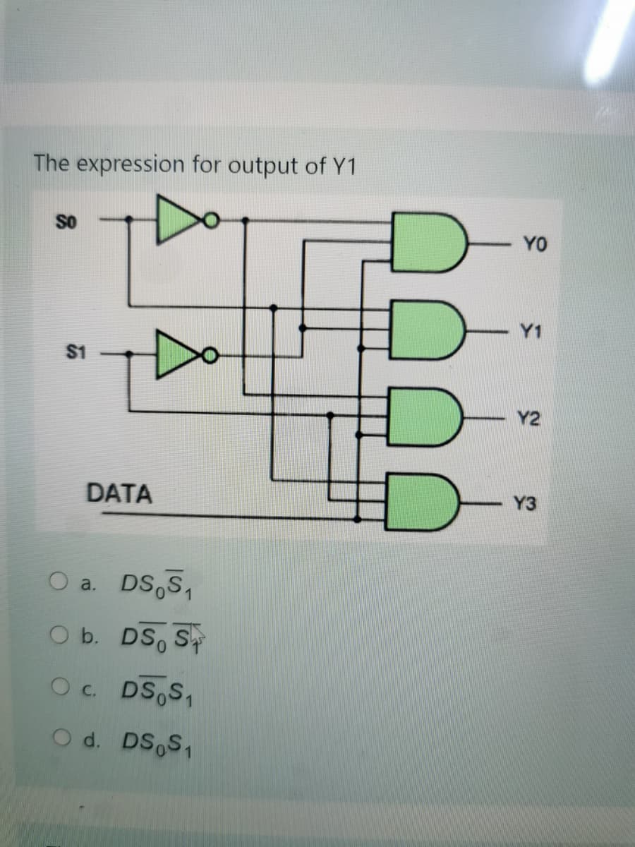 The expression for output of Y1
Do
So
YO
S1
Y2
DATA
Y3
O a. DS,S,
O b. DS, S
O c. DS,S,
O d. DS,S,
