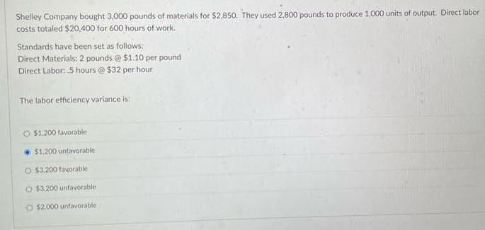 Shelley Company bought 3,000 pounds of materials for $2,850. They used 2,800 pounds to produce 1,000 units of output. Direct labor
costs totaled $20,400 for 600 hours of work.
Standards have been set as follows:
Direct Materials: 2 pounds @ $1.10 per pound
Direct Labor: .5 hours @ $32 per hour
The labor efficiency variance is:
O $1,200 favorable
$1,200 unfavorable
O $3,200 favorable
O $3,200 unfavorable
O $2,000 unfavorable