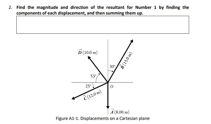 2. Find the magnitude and direction of the resultant for Number 1 by finding the
components of each displacement, and then summing them up.
D (10.0 m)
30°
53°
25°
C (12.0 m)
A (8.00 m)
Figure A1-1. Displacements on a Cartesian plane
B (15.0 m)

