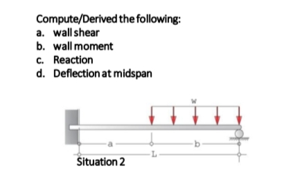 Compute/Derived the following:
a. wall shear
b. wall moment
c. Reaction
d. Deflection at midspan
Situation 2
-L