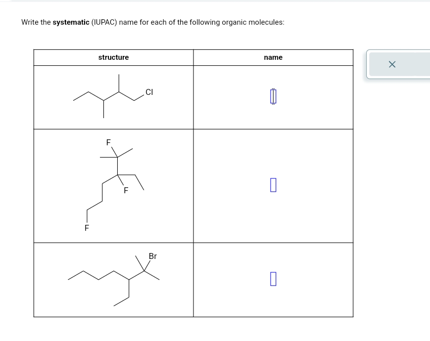Write the systematic (IUPAC) name for each of the following organic molecules:
F
structure
F
CI
name
✗
F
☐
ух
Br
☐