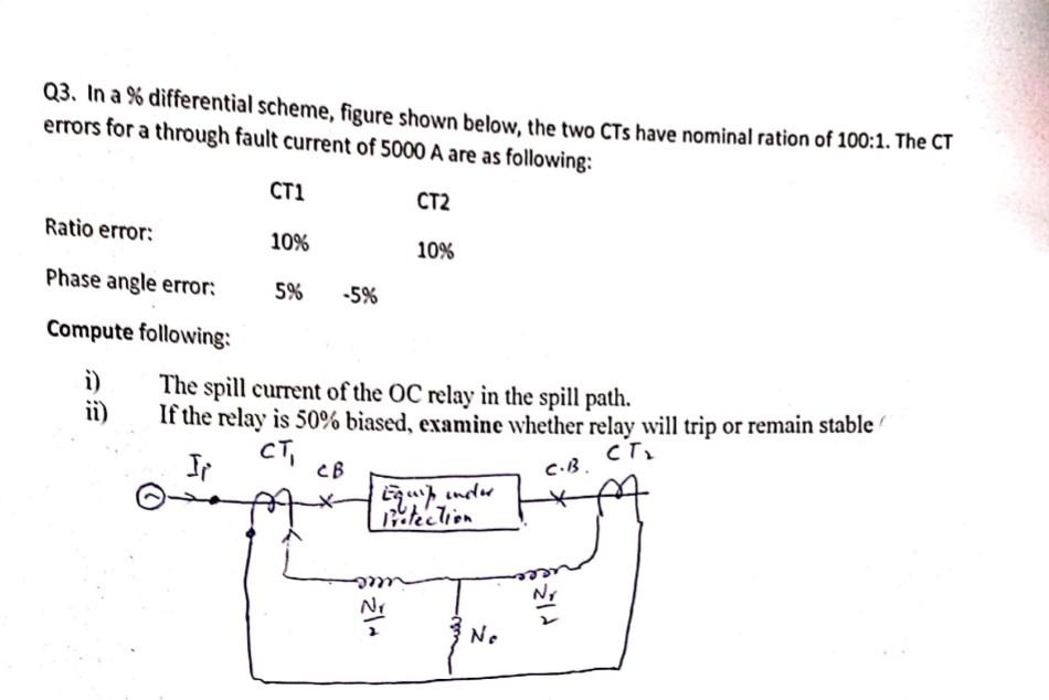 Q3. In a % differential scheme, figure shown below, the two CTs have nominal ration of 100:1. The CT
errors for a through fault current of 5000 A are as following:
CT1
CT2
Ratio error:
10%
10%
Phase angle error:
5%
-5%
Compute following:
i)
The spill current of the OC relay in the spill path.
ii)
If the relay is 50% biased, examine whether relay will trip or remain stable
CT,
CT
Ir
CB
C.B.
メx
Egu inder
Ne

