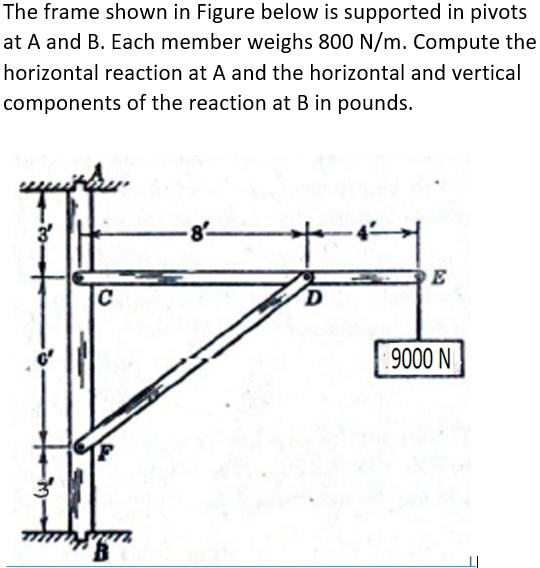The frame shown in Figure below is supported in pivots
at A and B. Each member weighs 800 N/m. Compute the
horizontal reaction at A and the horizontal and vertical
components of the reaction at B in pounds.
8-
E
C
9000 N
