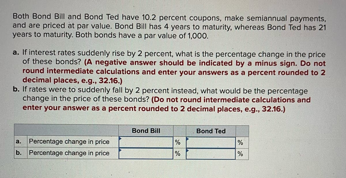Both Bond Bill and Bond Ted have 10.2 percent coupons, make semiannual payments,
and are priced at par value. Bond Bill has 4 years to maturity, whereas Bond Ted has 21
years to maturity. Both bonds have a par value of 1,000.
a. If interest rates suddenly rise by 2 percent, what is the percentage change in the price
of these bonds? (A negative answer should be indicated by a minus sign. Do not
round intermediate calculations and enter your answers as a percent rounded to 2
decimal places, e.g., 32.16.)
b. If rates were to suddenly fall by 2 percent instead, what would be the percentage
change in the price of these bonds? (Do not round intermediate calculations and
enter your answer as a percent rounded to 2 decimal places, e.g., 32.16.)
a.
Percentage change in price
b. Percentage change in price
Bond Bill
%
%
Bond Ted
%
%