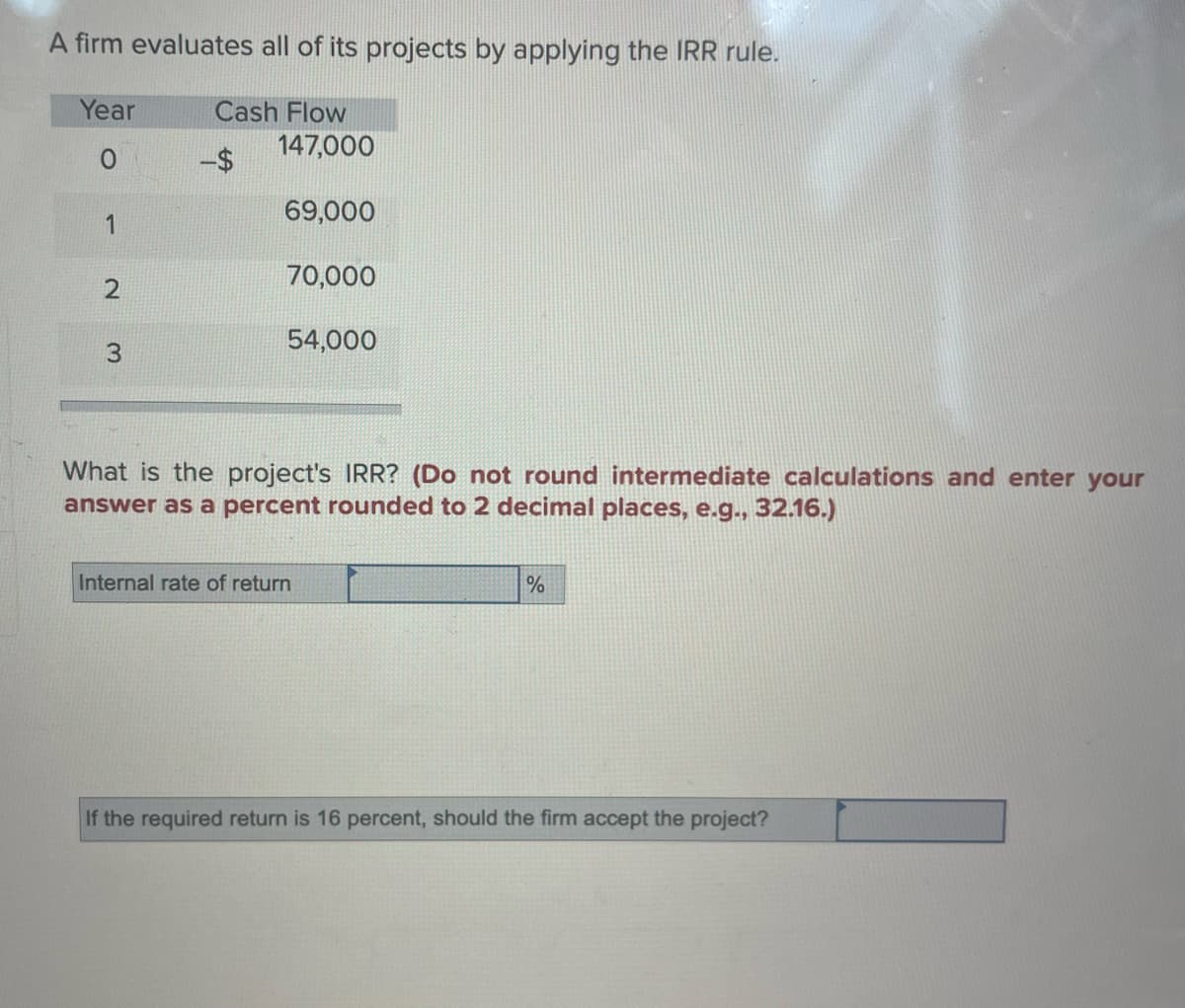 A firm evaluates all of its projects by applying the IRR rule.
Cash Flow
Year
0
1
2
3
147,000
69,000
70,000
54,000
What is the project's IRR? (Do not round intermediate calculations and enter your
answer as a percent rounded to 2 decimal places, e.g., 32.16.)
Internal rate of return
%
If the required return is 16 percent, should the firm accept the project?