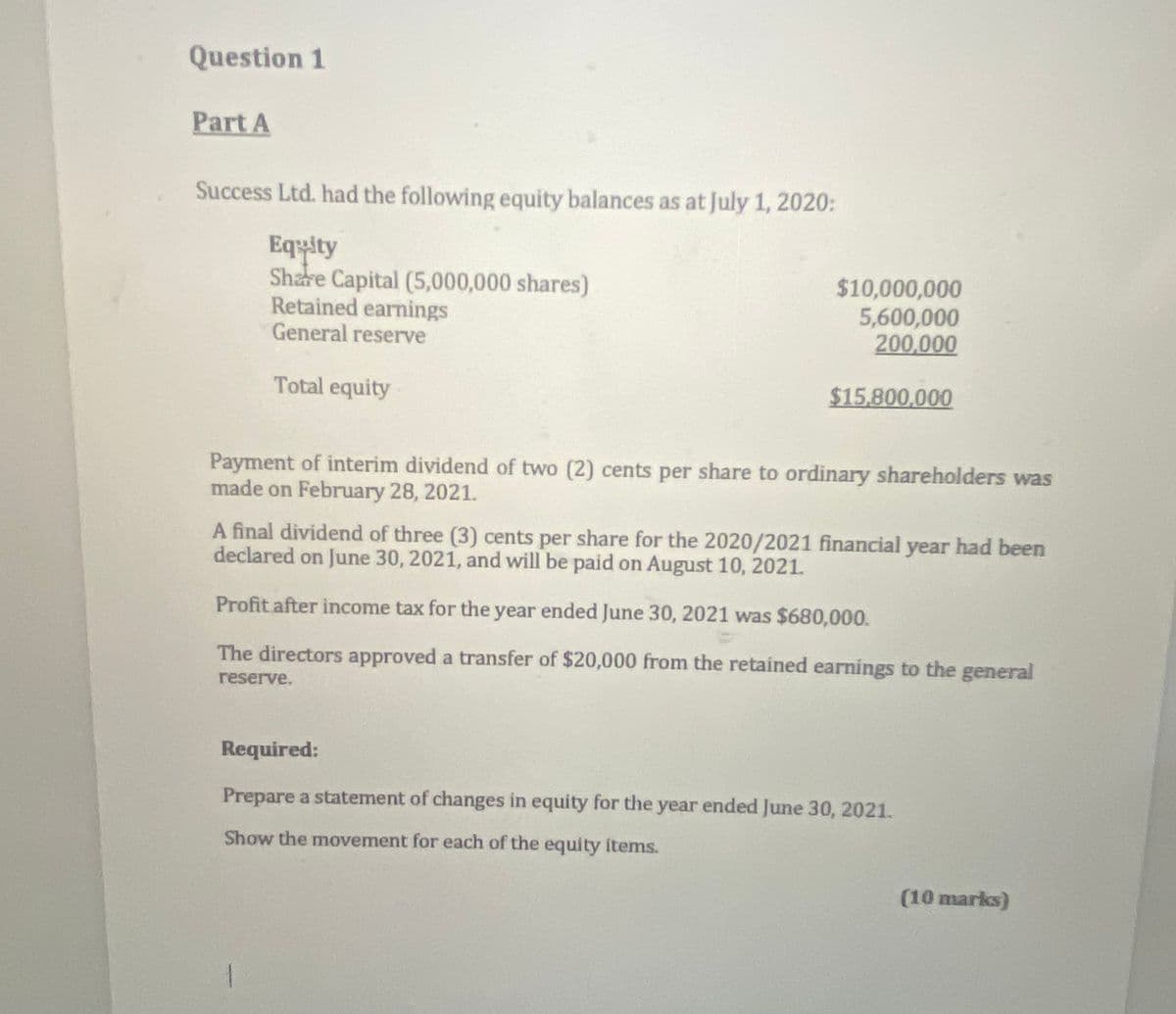 Question 1
Part A
Success Ltd. had the following equity balances as at July 1, 2020:
Equity
Share Capital (5,000,000 shares)
Retained earnings
General reserve
$10,000,000
5,600,000
200,000
Total equity
$15,800,000
Payment of interim dividend of two (2) cents per share to ordinary shareholders was
made on February 28, 2021.
A final dividend of three (3) cents per share for the 2020/2021 financial year had been
declared on June 30, 2021, and will be paid on August 10, 2021.
Profit after income tax for the year ended June 30, 2021 was $680,000.
The directors approved a transfer of $20,000 from the retained earnings to the general
reserve.
Required:
Prepare a statement of changes in equity for the year ended June 30, 2021.
Show the movement for each of the equity items.
(10 marks)
