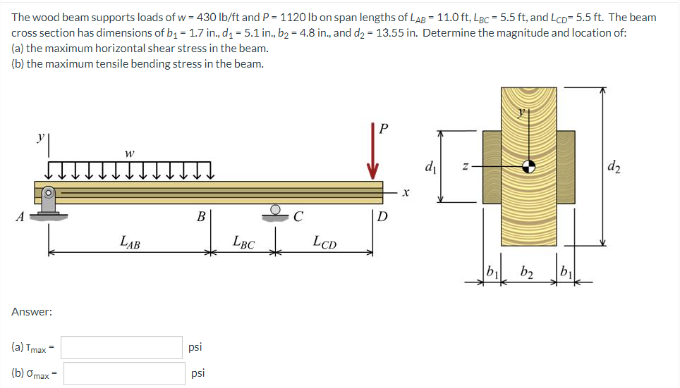 The wood beam supports loads of w = 430 lb/ft and P = 1120 lb on span lengths of LAB = 11.0 ft, LBC = 5.5 ft, and LCD= 5.5 ft. The beam
cross section has dimensions of b1 = 1.7 in., d1 = 5.1 in., b2 = 4.8 in., and d2 = 13.55 in. Determine the magnitude and location of:
(a) the maximum horizontal shear stress in the beam.
(b) the maximum tensile bending stress in the beam.
d
d2
B
LAB
LBC
LCD
b1
b2
b1
Answer:
(a) Tmax
psi
(b) Omax=
psi
