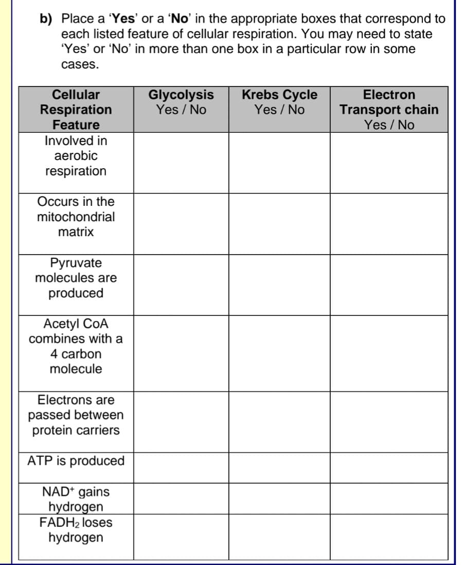 b) Place a 'Yes' or a 'No' in the appropriate boxes that correspond to
each listed feature of cellular respiration. You may need to state
'Yes' or 'No' in more than one box in a particular row in some
cases.
Cellular
Respiration
Feature
Involved in
aerobic
respiration
Occurs in the
mitochondrial
matrix
Pyruvate
molecules are
produced
Acetyl COA
combines with a
4 carbon
molecule
Electrons are
passed between
protein carriers
ATP is produced
NAD+ gains
hydrogen
FADH₂ loses
hydrogen
Glycolysis
Yes / No
Krebs Cycle
Yes / No
Electron
Transport chain
Yes / No