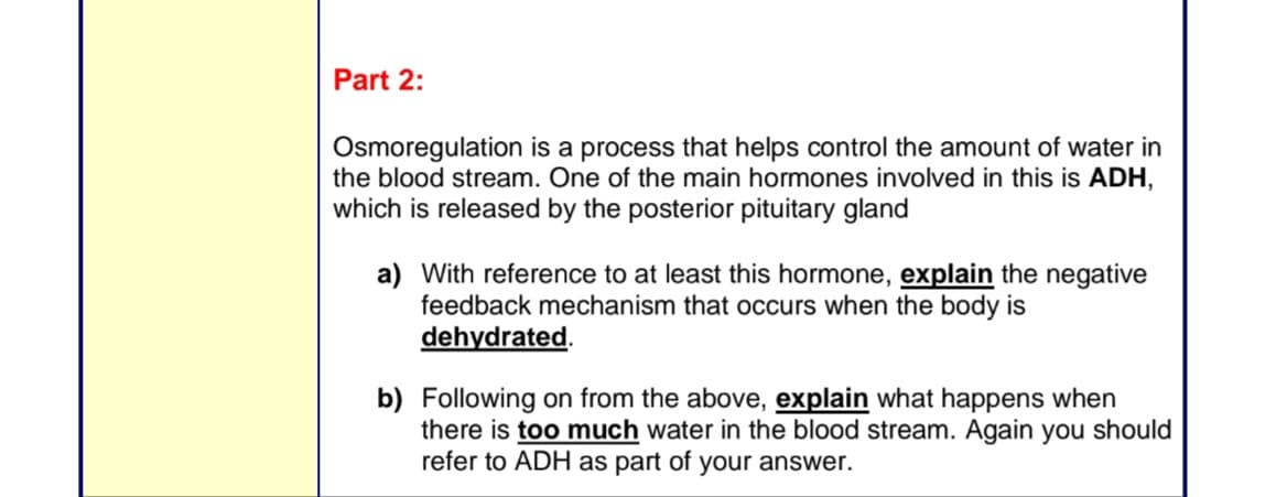 Part 2:
Osmoregulation is a process that helps control the amount of water in
the blood stream. One of the main hormones involved in this is ADH,
which is released by the posterior pituitary gland
a) With reference to at least this hormone, explain the negative
feedback mechanism that occurs when the body is
dehydrated.
b) Following on from the above, explain what happens when
there is too much water in the blood stream. Again you should
refer to ADH as part of your answer.