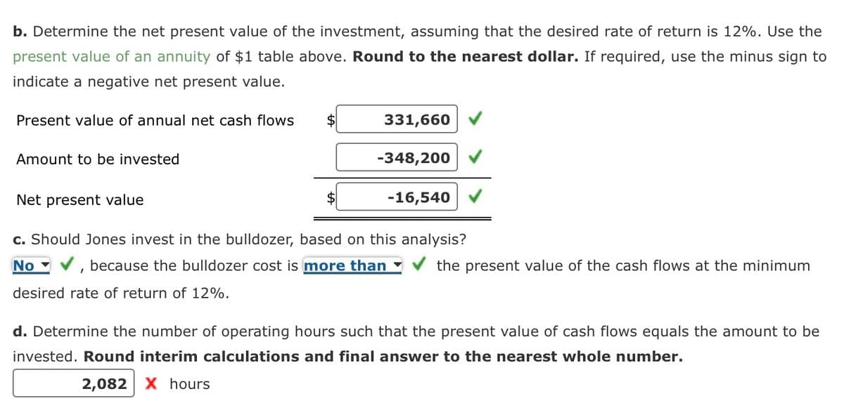 b. Determine the net present value of the investment, assuming that the desired rate of return is 12%. Use the
present value of an annuity of $1 table above. Round to the nearest dollar. If required, use the minus sign to
indicate a negative net present value.
Present value of annual net cash flows
Amount to be invested
Net present value
$
$
331,660
-348,200
-16,540
c. Should Jones invest in the bulldozer, based on this analysis?
No - ✓, because the bulldozer cost is more than ▾ the present value of the cash flows at the minimum
desired rate of return of 12%.
d. Determine the number of operating hours such that the present value of cash flows equals the amount to be
invested. Round interim calculations and final answer to the nearest whole number.
2,082 X hours