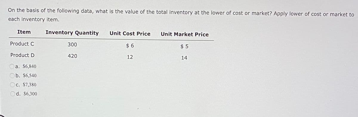 On the basis of the following data, what is the value of the total inventory at the lower of cost or market? Apply lower of cost or market to
each inventory item.
Inventory Quantity
Item
Product C
Product D
a. $6,840
b. $6,540
c. $7,380
d. $6,300
300
420
Unit Cost Price
$6
12
Unit Market Price
$5
14