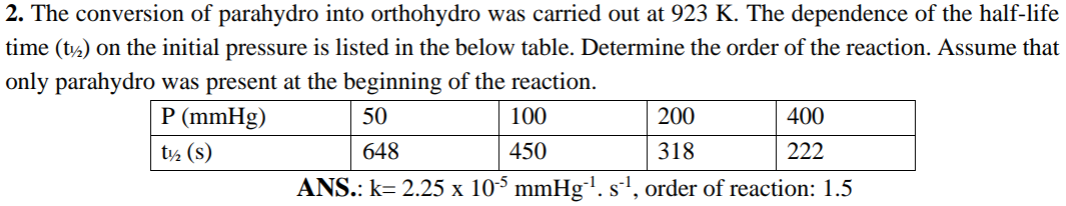 2. The conversion of parahydro into orthohydro was carried out at 923 K. The dependence of the half-life
time (t½) on the initial pressure is listed in the below table. Determine the order of the reaction. Assume that
only parahydro was present at the beginning of the reaction.
P (mmHg)
t½ (S)
50
648
100
450
200
400
318
222
ANS.: k= 2.25 x 10‍5 mmHg‍¹. s‍¹, order of reaction: 1.5