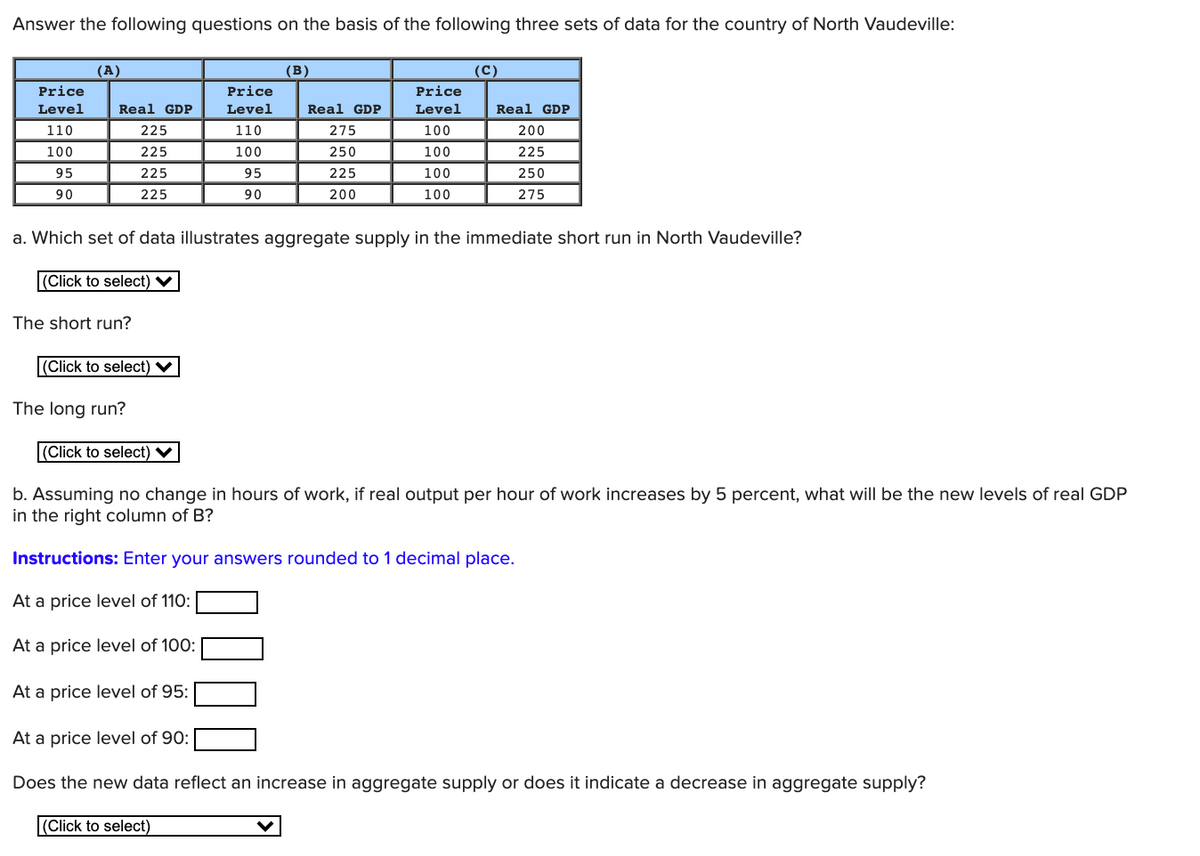 Answer the following questions on the basis of the following three sets of data for the country of North Vaudeville:
(A)
(B)
(C)
Price
Price
Price
Level
Real GDP
Level
Real GDP
Level
Real GDP
110
225
110
275
100
200
100
225
100
250
100
225
95
225
95
225
100
250
90
225
90
200
100
275
a. Which set of data illustrates aggregate supply in the immediate short run in North Vaudeville?
(Click to select) ▼
The short run?
(Click to select) V
The long run?
(Click to select) V
b. Assuming no change in hours of work, if real output per hour of work increases by 5 percent, what will be the new levels of real GDP
in the right column of B?
Instructions: Enter your answers rounded to 1 decimal place.
At a price level of 110:
At a price level of 100:
At a price level of 95:
At a price level of 90:
Does the new data reflect an increase in aggregate supply or does it indicate a decrease in aggregate supply?
(Click to select)
