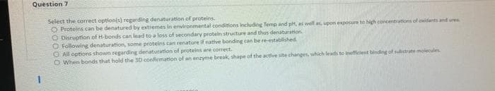 Question 7
Select the correct option(s) regarding denaturation of proteins.
O Proteins can be denatured by extremes in environmental conditions including Temp and pHt, as well as, upon exposure to high concentrations of oxidants and ure
O Disruption of H-bonds can lead to a loss of secondary protein structure and thus denaturation
O Following denaturation, some proteins can renature if native bonding can be re-established.
O All options shown regarding denaturation of proteins are correct.
When bonds that hold the 30 confirmation of an enzyme break, shape of the active site changes, which leads to inefficient binding of substrate molecules
1
