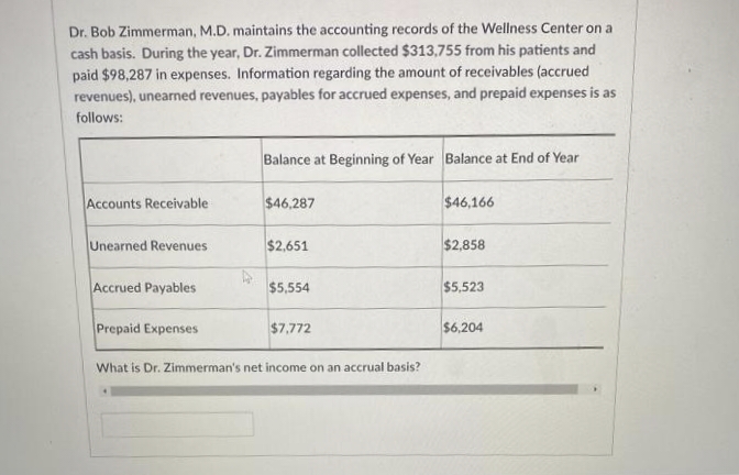 Dr. Bob Zimmerman, M.D. maintains the accounting records of the Wellness Center on a
cash basis. During the year, Dr. Zimmerman collected $313,755 from his patients and
paid $98,287 in expenses. Information regarding the amount of receivables (accrued
revenues), unearned revenues, payables for accrued expenses, and prepaid expenses is as
follows:
Accounts Receivable
Unearned Revenues
Accrued Payables
Prepaid Expenses
Balance at Beginning of Year Balance at End of Year
$46,287
$2,651
$5,554
$7,772
What is Dr. Zimmerman's net income on an accrual basis?
$46,166
$2,858
$5,523
$6,204